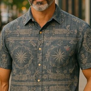 Nautica - Blue Button Up Cotton Shirt W/Nautical & Paisley Print, Short Sleeves